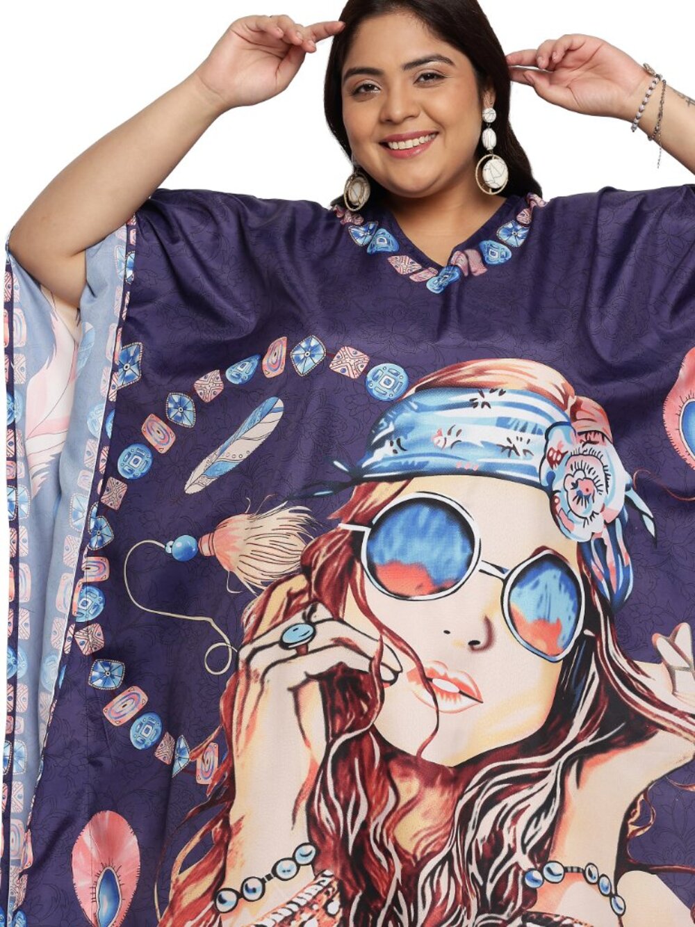 Plus Size Purple Lady Print Kaftan Dress Boho Resort Beach Cover Up - Picture 6 of 7